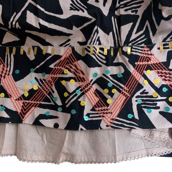 Anthro Odille Skirt Women's Size 0 Abstract Embroidered Beaded Hem Flare City - Picture 5 of 13